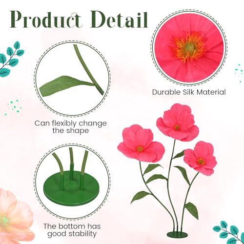 6ft Rose Red Giant Flowers for Decoration with Stand, Large Artificial Poppy, Big Paper Flower Decor for Garden Wedding Party Photography Props Hotel Office Art Gallery Shop Window Display - color: Rose Red