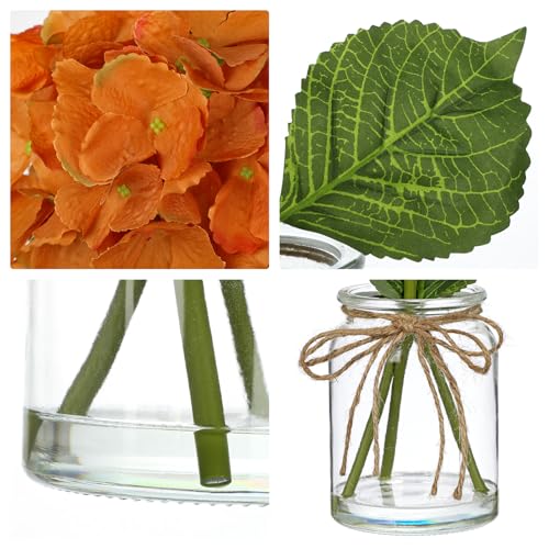 Hydrangea Artificial Flowers with Glass Vase, Orange Real Touch Silk Hydrangea Arrangement with Faux Water, Small Faux Floral Centerpiece for Home Decor, Wedding, Bathroom, Shelf, Coffee Table - color: Orange-hydrangea