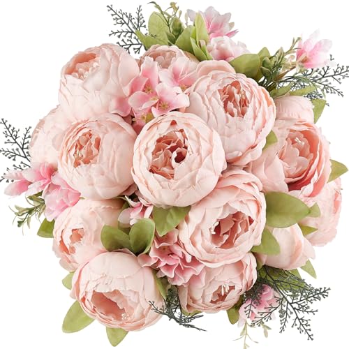 Mkono Peonies Artificial Flowers, 2 Packs 13 Stems Faux Peony Flowers Real Touch Fake Silk Bouquet for Arrangements Dining Table Centerpieces for Kitchen Bridal Wedding Party (2, Spring Light Pink) - color: Spring Light Pink