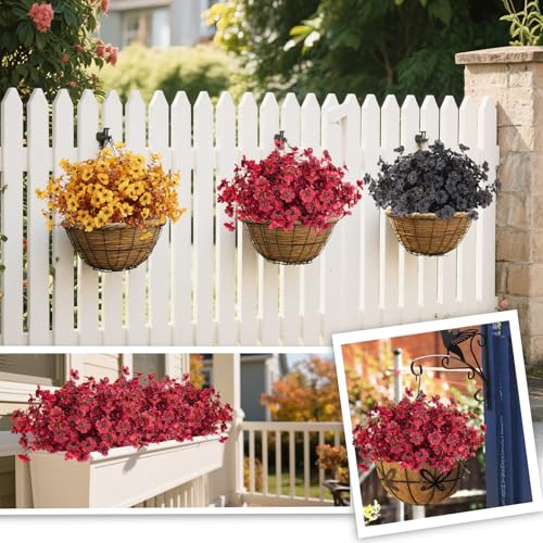 RECUTMS 12Pcs Realistic Artificial Plants Artificial Mums Fall Flowers Fake Fall Plant UV Resistant Fake Flowers Realistic Eucalyptus Leaves Silk Mums Faux Autumn Plant for Home Decor(Wine Red) - color: Eviolet Wine Red
