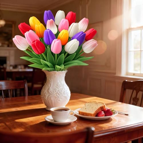 20 Pcs Tulips Artificial Flowers, 13.5'' Real Touch PU Fake Flowers Bouquet for Home Party, Spring Wedding Floral Arrangement, Valentine's, Easter and Mother's Day Decor (Pink,Red,Purple) - color: Pink,red,purple
