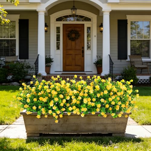 Roberly 24 Bundles Artificial Flowers for Outdoors, UV Resistant Eucalyptus Fake Flowers Shrubs Greenery Plastic Plants for Garden Porch Window Box Farmhouse Indoor Home Decor, Yellow - color: Yellow