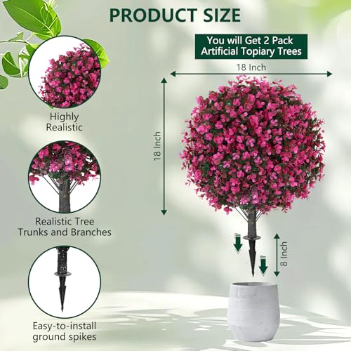 2 Pack 25" Artificial Red Eucalyptus Topiary Ball Tree for Outdoors Faux Evergreen Shrubs Plants with Ground Spike UV Resistant Fake Bushes Ball Trees for Outdoor Indoor Home Porch Patio Decoration - color: Red Eucalyptus