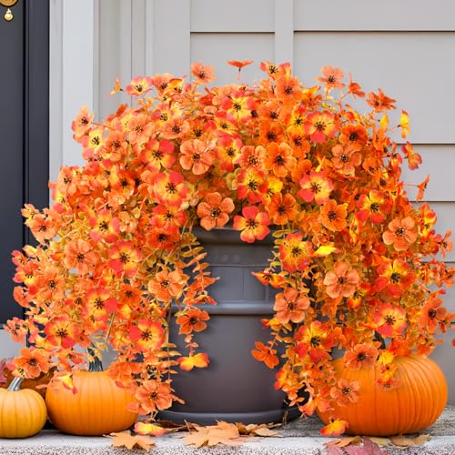 INQCMY Artificial Fall Flowers for Outdoors Realistic Faux Autumn Hanging Plants 2Pcs Fake Mums Fake Flowers for Porch Patio Outdoor Decor Home Decor UV Resistant (Orange Sunset Red) - color: Red Orange
