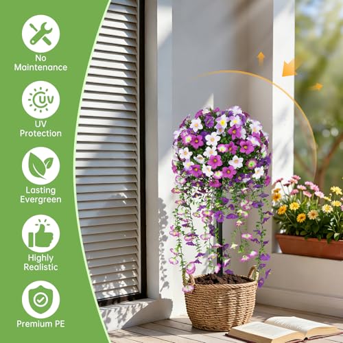 Grooy Artificial Plants Flowers Topiary Ball for Outdoor, 2 Pack Fake Purple Silk Morning Glory Plant Bushes, UV Resistant Realistic Plants Shurbs for Outside,Front Porch,Patio,Yard - color: Purple Morning Glory