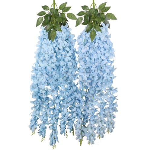 2PCS Artificial Blue Hanging Wisteria Flowers, 2.95ft Wisteria Garland with 5 Branches Realistic Silk Hanging Flowers for Decoration, Wedding Arch, Party Backdrop, and Home Wall Decor - color: Blue