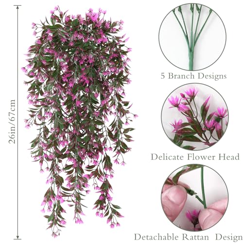 TOCHGREEN 4Pcs Artificial Hanging Plants Fern Vine, Faux Plastic Plants Fake Ivy Vine Greenery Garland with RoseRed Flower, Outdoor Indoor Decorations for Living Room Garden Wall Home Decor (Rose Red) - color: Rose Red