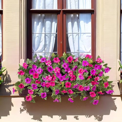 Artificial Fake Flowers for Outdoor Spring Decoration, 2PCS Faux Silk Petunias No Fade UV Resistant Flowers for Outside Garden Porch Yard Balcony Patio Realistic Indoor Decor(Fuchsia) - color: B-fuchsia Purple