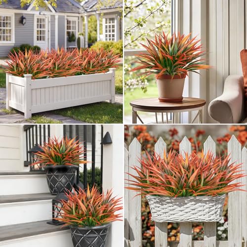Ouddy Decor 20 Pcs Fake Outdoor Plants Artificial Grass Greenery Stems Faux Plastic Plants UV Resistant for Spring Summer Indoor Outside Garden Planter Pathway Porch Patio Window Home Decor, Orange - color: Orange