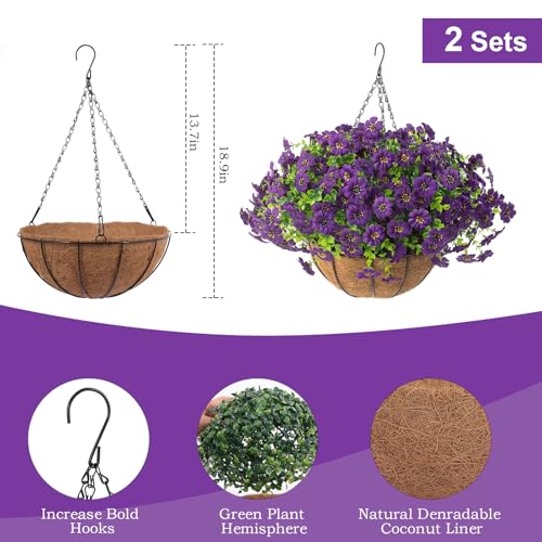 Hananona 2 Set Artificial Outdoor Flowers with Hanging Basket, 2 Hanging Planters with 24 Pcs Flowers for Spring Summer Front Porch Garden Patio Home Decor (2, Purple) - color: Purple
