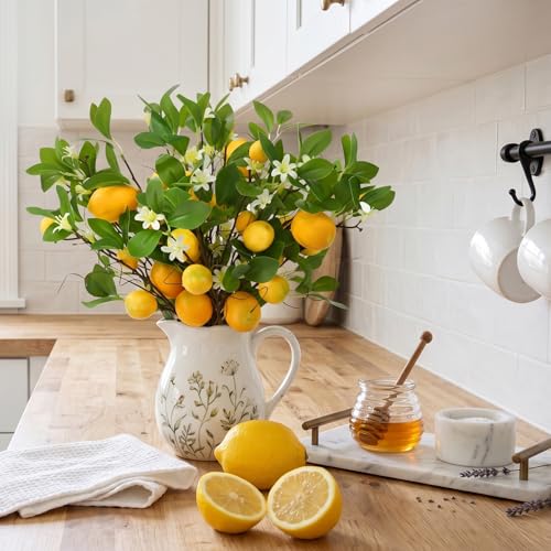 4 Pack Artificial Lemon Branches 8 Heads Per Stem Faux Lemons with Leaves Kitchen Table Centerpiece Decor Fake Lemon Tree for Vases Farmhouse Party Summer Home Yellow Decorations
