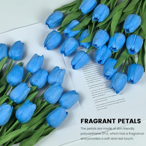 30 PCS Artificial Tulips Real Touch Tulips 13.5inch Long Stem Fake Flowers Silk Flowers for Spring Easter Mother's Day Decorations（Light Blue） - color: Light Blue