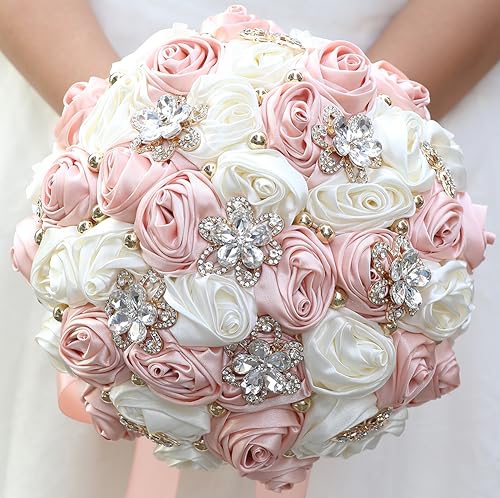 Sharebeauty 9.4" Handmade Satin Rose Bridal Bouquet Toss Round Wedding Bouquet Throw Toss Artificial Flower Bunch Pale Pink + Ivory - color: 809a Pale Pink/Ivory, size: 9.4"/24cm