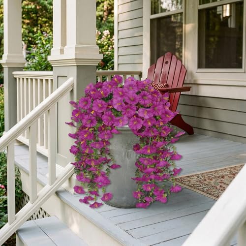 6PCS Artificial Hanging Flowers Fake Plants Outdoor, Silk Morning Glory Faux Flowers with Eucalyptus UV Resistant Realistic Hanging Petunias Plants for Basket Home Garden Decor (Hot Pink) - color: Hot Pink
