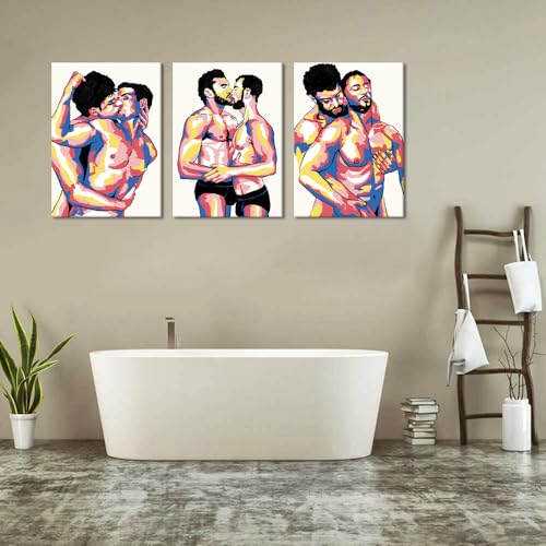 Sexy Men Gay Wall Art Canvas Paintings Colorful Nordic Sexy Home Wall Decoration Poster Gift for Lovers Friends Wooden Inner Framed Ready to Hang-20x28 inch x 3pcs - color: Art08, size: 20x28x3pcs
