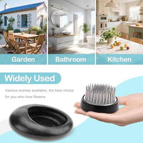 Folmywy Ikebana Flower Frog Vase Kit Japanese Flower Arrangement with 1.57 Inch Kenzan Ceramic Flower Stem Holder Black Round Frog Bowl for Table Centerpieces DIY Art Supplies (5.51x4.13in) - color: Black
