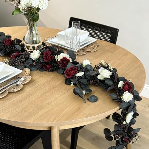 CQURE 2Pack Eucalyptus Garland,Artificial Eucalyptus Leaves Flowers Table Greenery Garland Wreath Vines for Wedding Party Fireplace Bedroom Room Decor - size: 17.7 Ft with Flowers-Black
