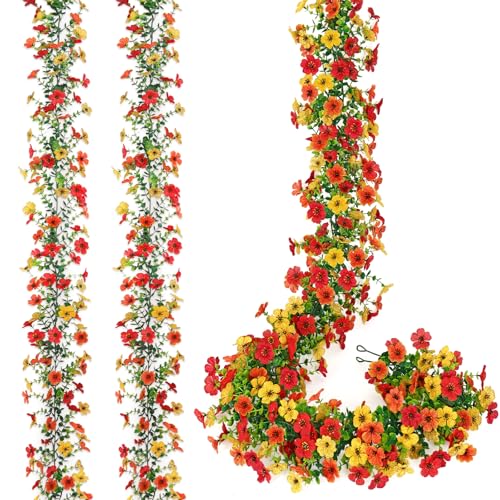 2 Pack Artificial Flowers Garland Ivy,Spring Summer Decor UV Resistant Fake Daisy Vines Floral Vine Silk Hanging Flower for Decor Home Garden Wedding Photo Booth Backdrop (Red Orange Yellow) - color: Red Orange Yellow, size: 2PCS