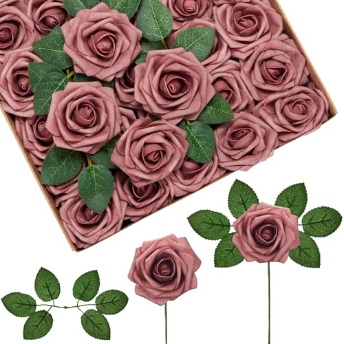 InnoGear Artificial Flowers, 50 Pcs Dusty Pink Foam Fake Roses Bulk with Stems for Decoration DIY Wedding Bouquets Centerpieces Bridal Shower Party Christmas Tree - color: Dusty Pink