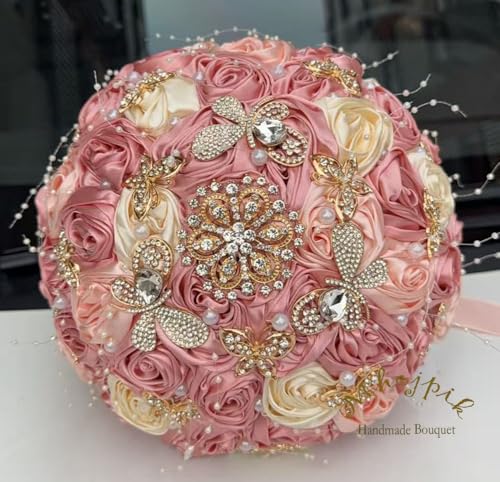 Handmade Wedding Flowers Bouquet Round Holding Bridal Bouquet Artificial Satin Roses Bunch for Bride Bridesmaid Wedding Quinceanera - color: Blush Pink, Light Salmon & Cream, size: Medium (Dia. 8.7"/22cm)