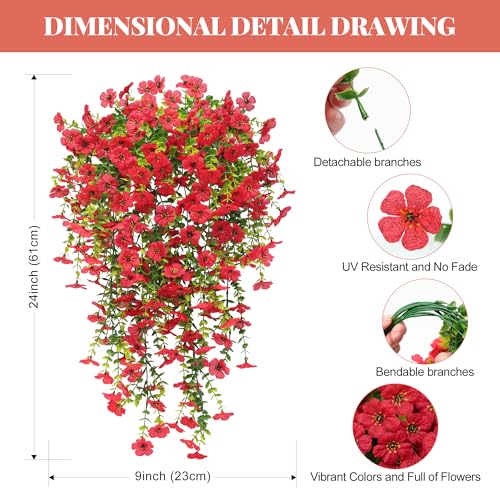 Artificial Fake Hanging Flowers Plants for Outdoor Spring Summer Decoration, 4PCS Faux UV Resistant Silk Daisy with Eucalyptus Leaves Realistic Planter for Porch Patio Home Balcony Yard Decor(Red) - color: Red