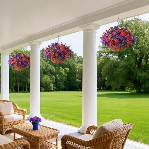 ZFProcess Artificial Flowers Hanging Baskets, Multicolor 12 Bundles Faux Flower Outdoor Hanging Basket Spring Summer Decoration, Fake Flowers Plants for Porch Patio Balcony Home Yard Decor (Fuchsia) - color: Peach Red