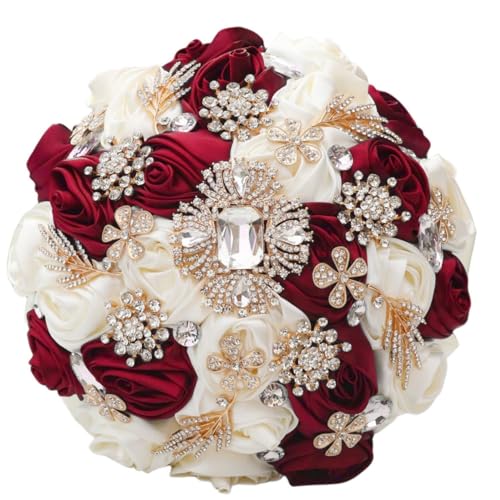 Handmade Wedding Bridal Bouquet with Bling Gold Rhinestone Brooch Bouquet for Bride Bridesmaid Quinceanera Satin Rose Flower Wedding Bouquet Dark Red and Ivory 7.5in - color: Dark Red & Ivory, size: Medium (DIA. 7.5"/19cm)