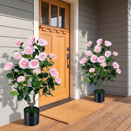 Goplus 35.5’’ Artificial Camellia Tree, Flower Plants Artificial Tree, Faux Floral Plant Blooming Tree in Cement Pot, Greenery Potted Plant for Indoor Outdoor Office Home Porch Decor - color: Pink, size: 2ft 11in