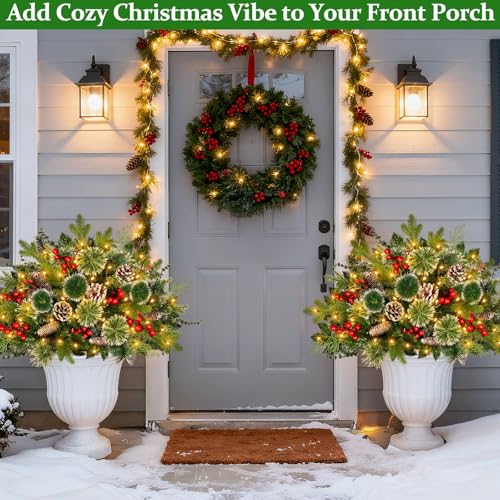 2 Pack 24" Lighted Outdoor Christmas Tree Urn Fillers Holiday Planters with Timer 8 Mode Warm & Colorful Light 6 Style Branches Eucalyptus Pinecones Red Berries Tripod Stake Front Porch Indoor Decor
