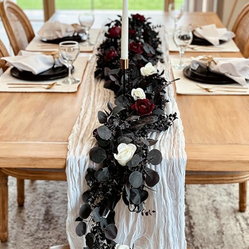 CQURE 2Pack Eucalyptus Garland,Artificial Eucalyptus Leaves Flowers Table Greenery Garland Wreath Vines for Wedding Party Fireplace Bedroom Room Decor - size: 17.7 Ft with Flowers-Black