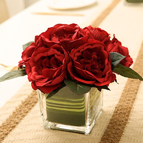 Artificial Peony Silk Flower Centerpieces Faux Floral Arrangement in Glass Vase for Home Wedding Table Decoration (Red) - color: Red