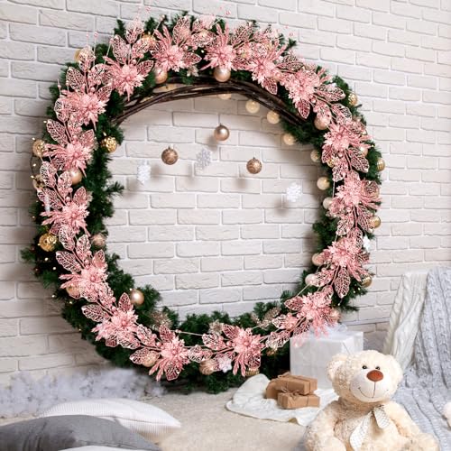 Tigeen 20 Pcs 16.5 Inch Rose Gold Artificial Glitters Christmas Picks Decoration Sprays with Flowers Berry Leaves or Xmas Decor Wreaths Wreath Vase Fillers - color: Rose Gold