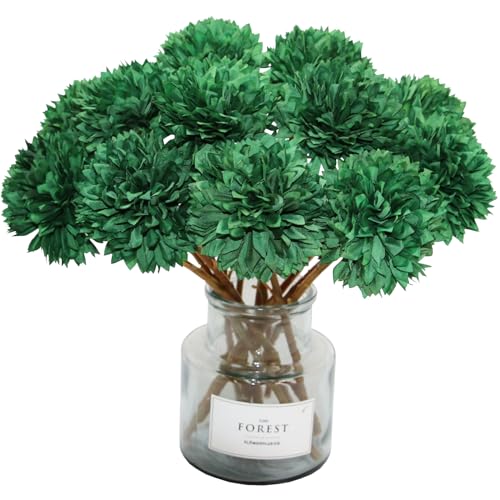 Tinsow 12 Pcs Green Artificial Flowers Faux Ball Chrysanthemum Flowers for St. Patrick's Day Christmas Home Decoration (12, Blackish Green) - color: Green