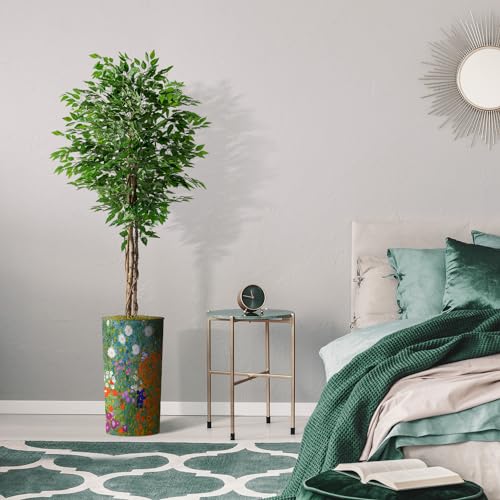 Artificial Tree in Colorful Flower Pattern Planter, Fake Ficus Silk Tree for Indoor and Outdoor Home Decoration - 75" Overall Tall (Plant Pot Plus Tree) - style: Ficus Tree