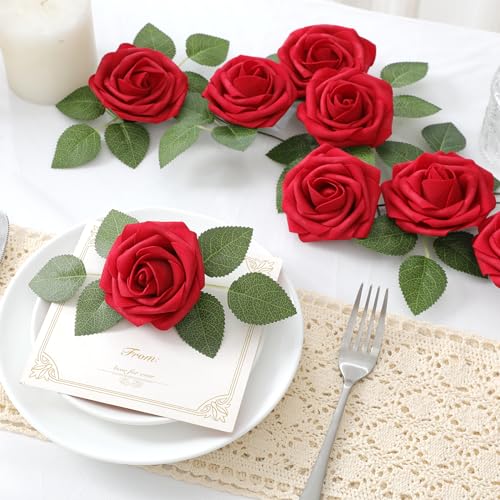 DerBlue 60pcs Artificial Roses Flowers with stem and 10pcs Green Leaves Real Looking Fake Roses Artificial Foam Roses Decoration DIY for Wedding,Arrangements Party Home Decorations - color: Dark Red