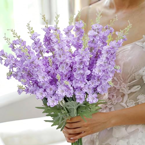 16Pcs Purple Delphinium Artificial Flowers 33.5'' Long Stem Larkspur Flowers Bulk Silk Flowers for Tall Vase Wedding Table Centerpieces Home Garden Outdoor Decor（Purple） - color: Purpleii