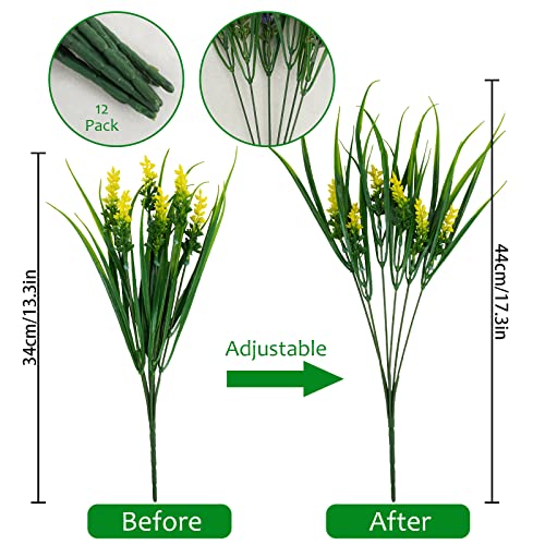 obbsie 12 Bundles Artificial Plants Outdoor, 18.2" UV Resistant Faux Monkey Grass Greenery Stems No Fade Faux Plastic Flowers Shrubs for Home Weddings Garden Porch Front Patio Office Decor - Yellow - color: Yellow, size: 12 Pcs