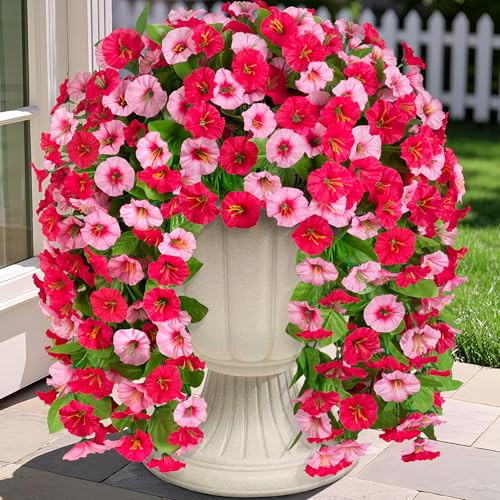 INXUGAO Artificial Fake Hanging Flowers Plants for Outdoor Decoration, 2PCS Faux Silk Morning Glory Long Vines Stems UV Resistant Look Real for Spring Summer Outside Home Porch Patio, Red Pink - color: Z-hot Pink