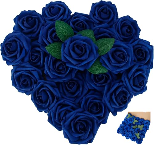 [25PCS] Navy Blue Roses Artificial Flowers with Long Stem Real Touch Fake Foam Roses for Decoration DIY Wedding Bouquets Centerpieces Bridal Shower Flower Arrangements Home Decor - color: Navyblue