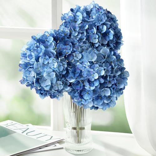 ZYTUYO 3PCS Dark Blue Hydrangea Artificial Flowers 25.6" Large Fake Hydrangeas Flowers with Stems Faux Silk Bouquet for Indoor Home Decor Table Wedding Party Floral Outdoor Centerpieces - color: Dark Blue