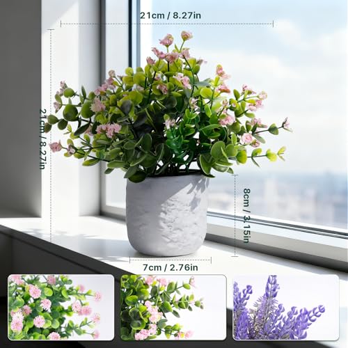 3-Pack Potted Artificial Plants, Small Eucalyptus Faux Plants for Shelf Desk Home Bathroom Farmhouse Room Coffee Table Decor (Pink Purple) - color: Pink Purple
