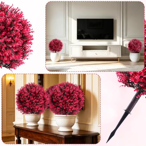 27.6 Inch Red Eucalyptus Topiary Ball Trees, 2 Sets Faux Boxwood Topiary with Spikes, Pot Filler Fake Shrubs Plants for Outdoor Planters, Round Topiary Bush Balls Front Porch Home Garden Spring Decor - color: Red Boxwood