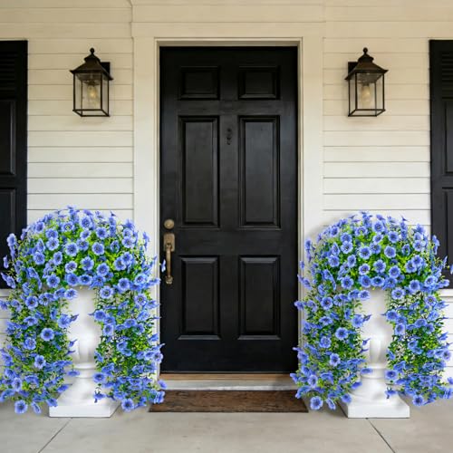 4 Pcs Artificial Hanging Flowers for Outdoor, Fake Silk Daisy Flowers Spring Summer Decoration UV Resistant Faux Plants for Planter Front Door Porch Patio Balcony Yard Decor, Blue - color: Blue