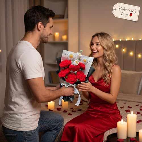 Completed Red Heart Crochet Flowers Bouquet, Handmade Knitted Bouquet for Valentine, Couple, Crochet Artificial Flowers of Rose as Gift for Mother, Friends, Daughter, Home Decor (Red Rose) - style: Red Rose with Heart