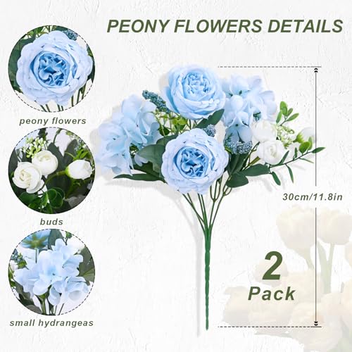 MARTINE MALL 2 Packs Peonies Artificial Flowers, Blue Artificial Peonies, Silk Peonies Flowers Fake Peonies Artificial Flowers Peonies Bouquet for Centerpiece Table Wedding Party Home Decor - color: Blue, size: 2PCS