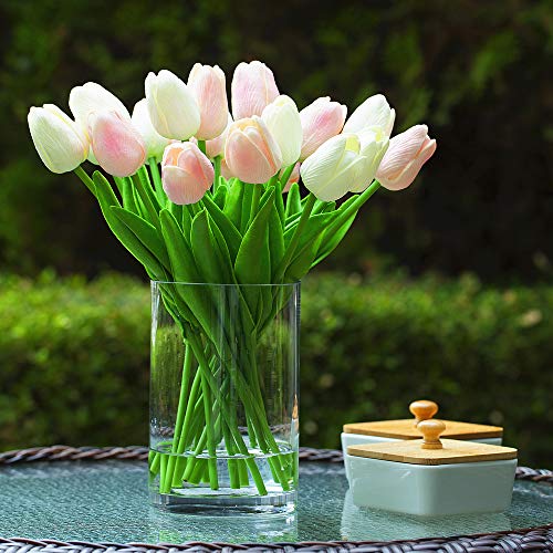 20 Pieces Artificial Real Touch Tulips Flower Arrangement in Glass Vase with Faux Water for Home Decoration (White Pink) - color: White Pink