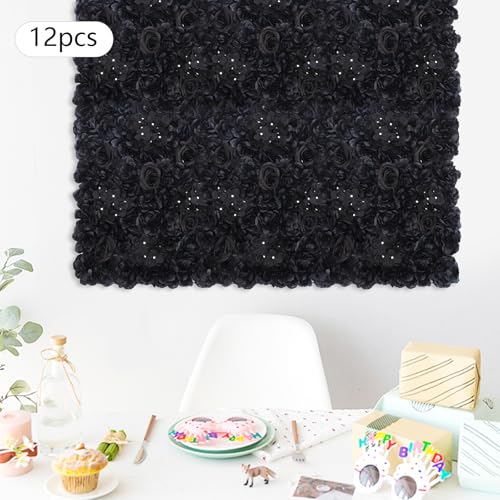 Black Rose Artificial Flowers Wall Panels, 12 Pcs Artificial Flowers Decoration, 14.96" X 14.96" Black Rose Wall Background, 3D Floral Backdrop Decoration for Wedding, Party, Nursery, Home Decor - color: Black