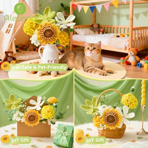 Alecono Crochet Flower Bouquet, Green Knitted Flowers, Crochet Sunflowers for Mother's Day Anniversary Birthday Graduation Lover Valentine Day Gifts (with Card) - color: Green, size: Large