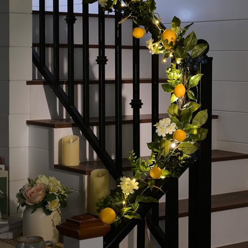 Valery Madelyn 6ft Artificial Lemon Garland for Mantel Summer Decor(Thick) | Faux Lemons Eucalyptus & Blueberry Summer Garland with Lights for Stairs Table Fireplace Farmhouse Kitchen Home Decor - size: Large