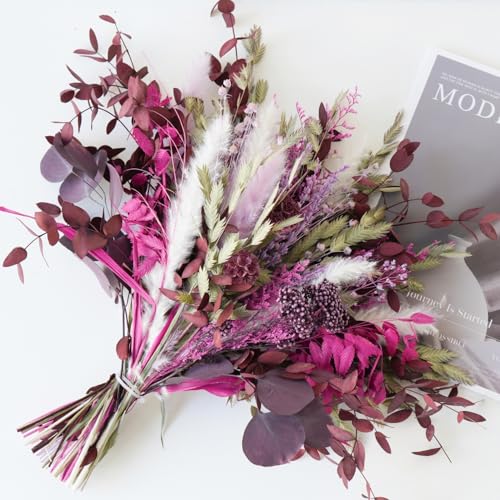 Magenta & Plum Purple Dried Flower Bouquet, Boho Burgundy Preserved Floral Arrangement with Pampas Grass & Eucalyptus, Long-Lasting Berry Tone Dried Flowers for Home Decor, Wedding & Fall Décor - color: Magenta & Plum Dried Flower Bouquet